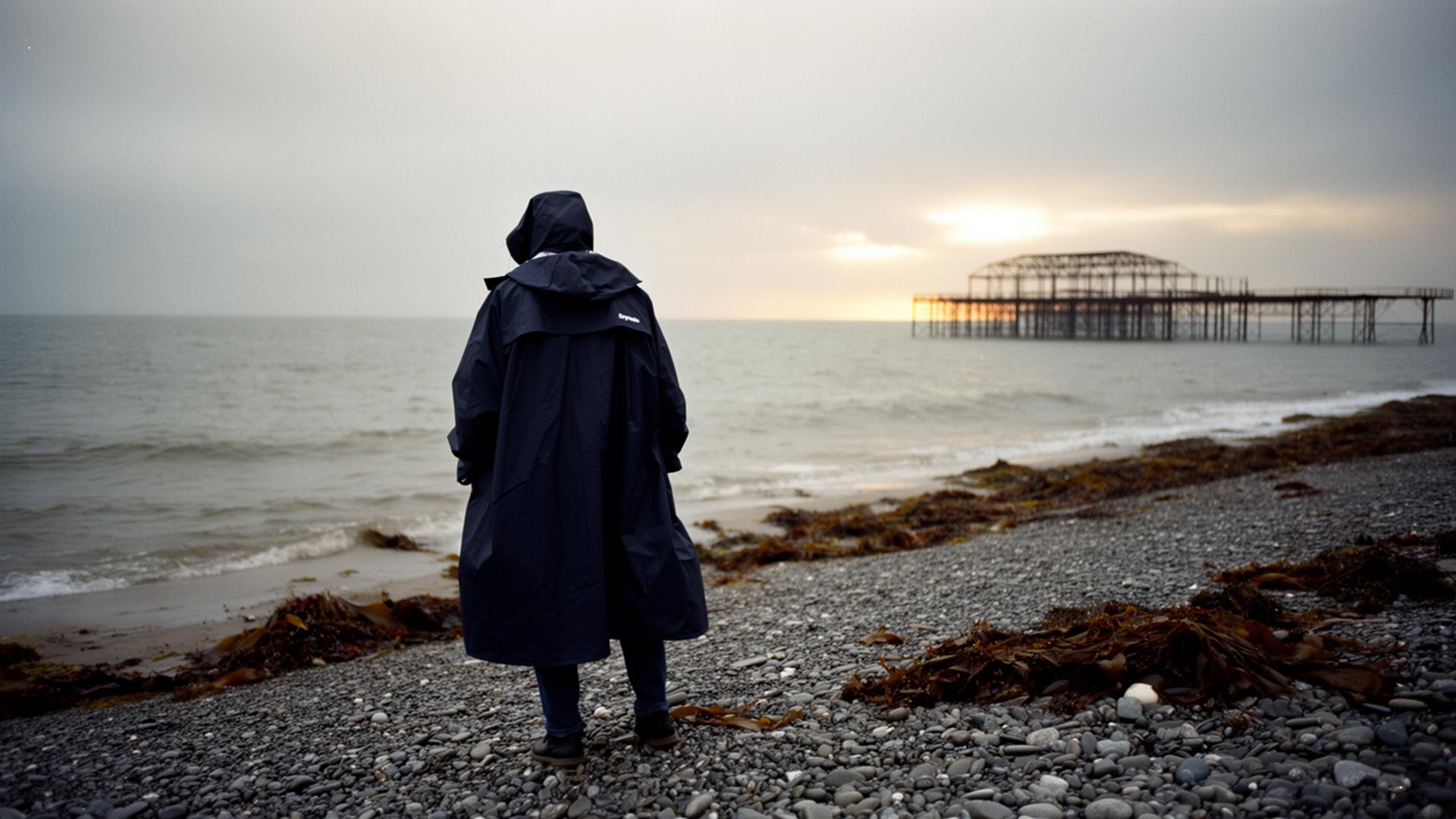 A figure in a navy Daybreak changing robe standing on Brighton pebble beach at dawn, looking out to a calm grey sea