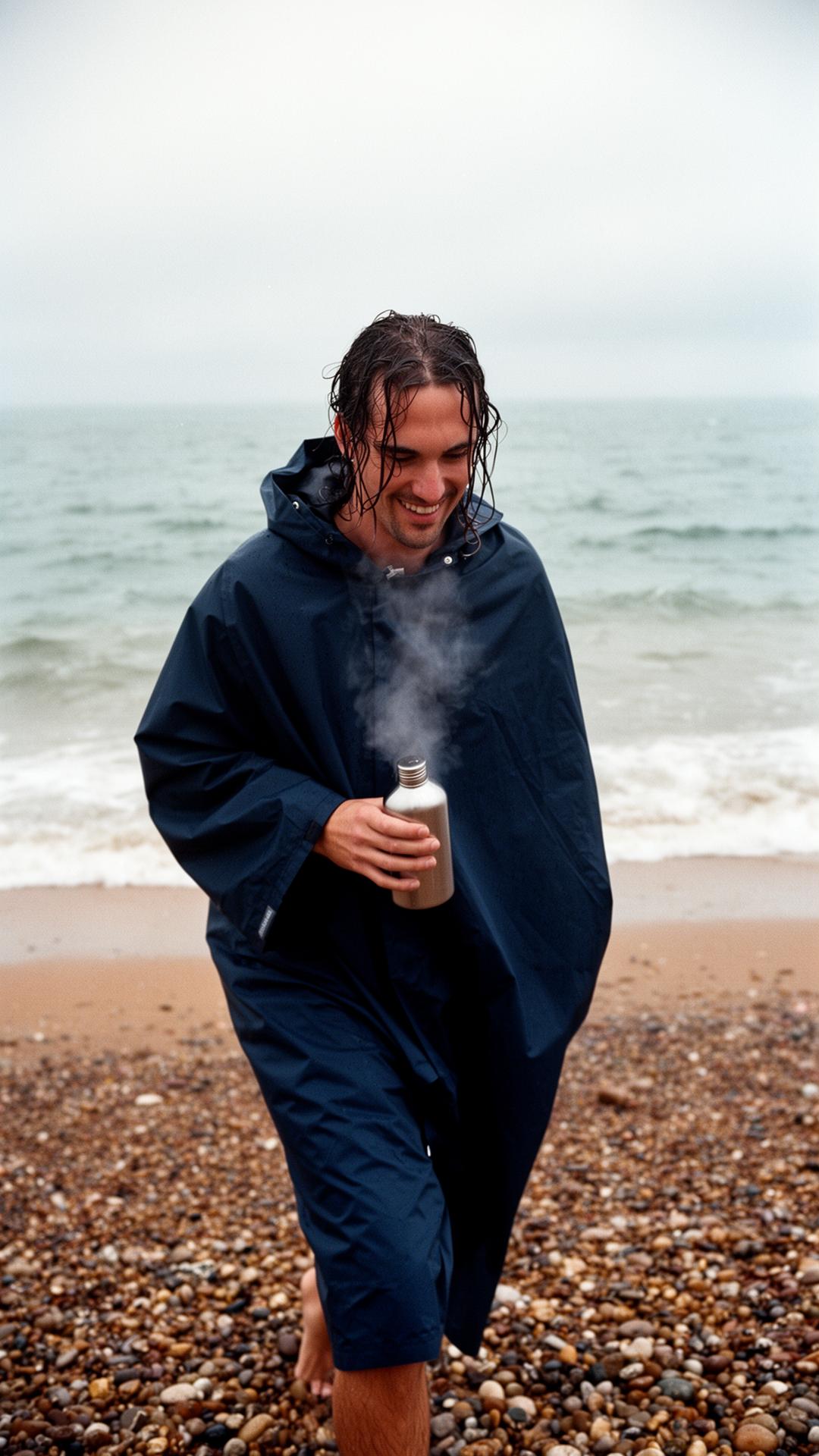 A swimmer wrapped in a navy Daybreak changing robe walks along Brighton pebble beach at dawn