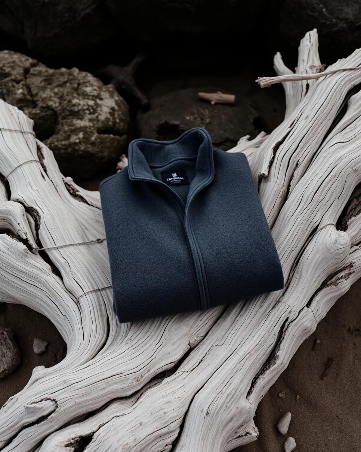 Brightonkelp Saltwater fleece in charcoal, folded on weathered driftwood on Brighton beach