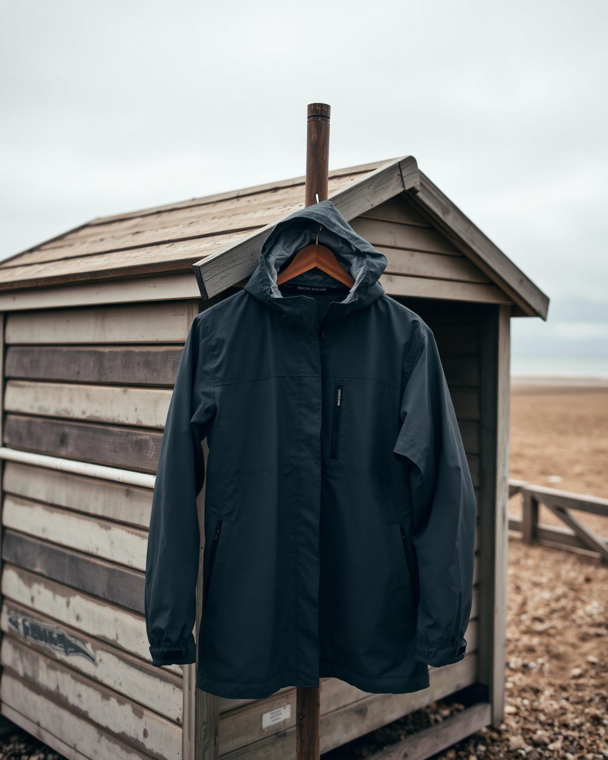 Brightonkelp Coastal shell waterproof jacket in storm grey, hanging from a beach hut on a windy day with sea behind