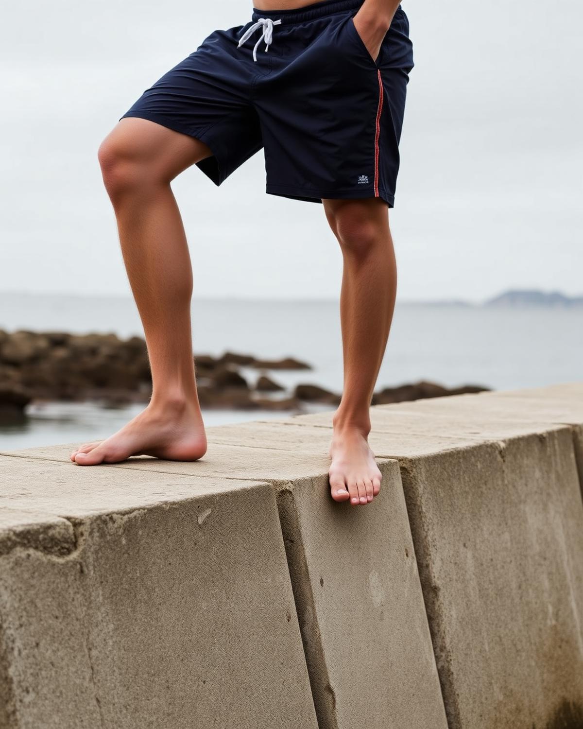 Brightonkelp men's swim shorts in deep navy with terracotta side stripe, photographed on a concrete groyne with the sea behind